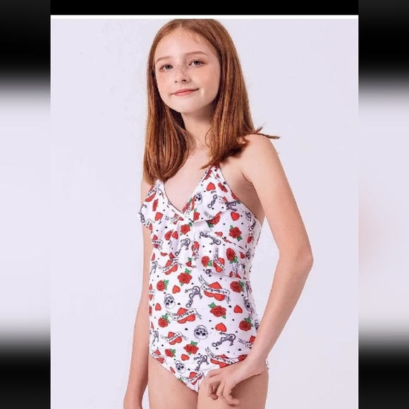 NWT As Rose Rich Floral Skull Ruffle One Piece Swimsuit Girl's Sz 14 - Picture 4 of 7